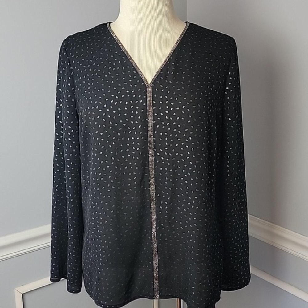 LIZ CLAIBORNE Black Silver Sheer Rhinestone V-Neck Party Holiday NYE Blouse PM